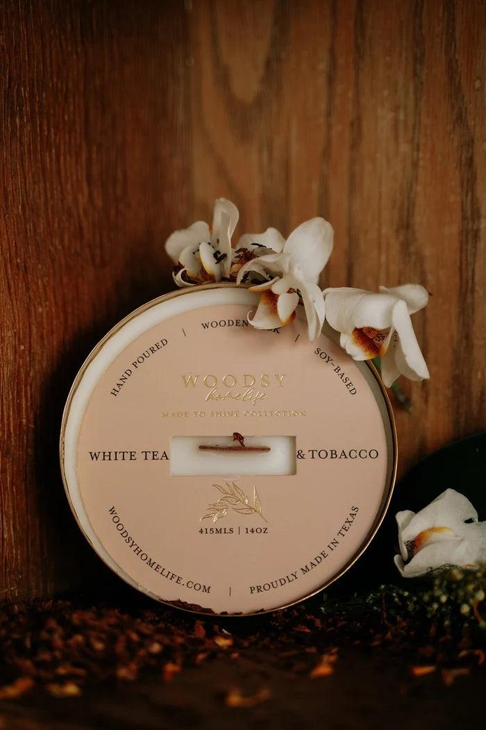 White Tea & Tobacco Solid Brass 14 oz Pure Soy Candle