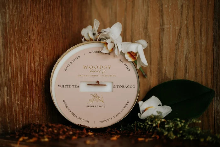 White Tea & Tobacco Solid Brass 14 oz Pure Soy Candle