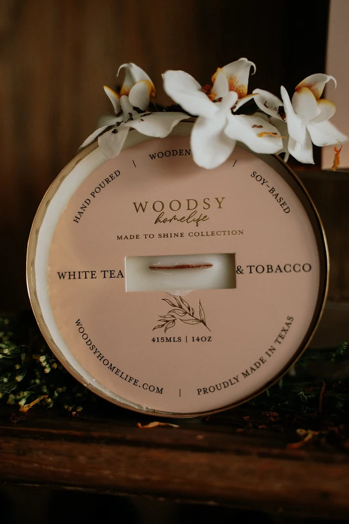 White Tea & Tobacco Solid Brass 14 oz Pure Soy Candle