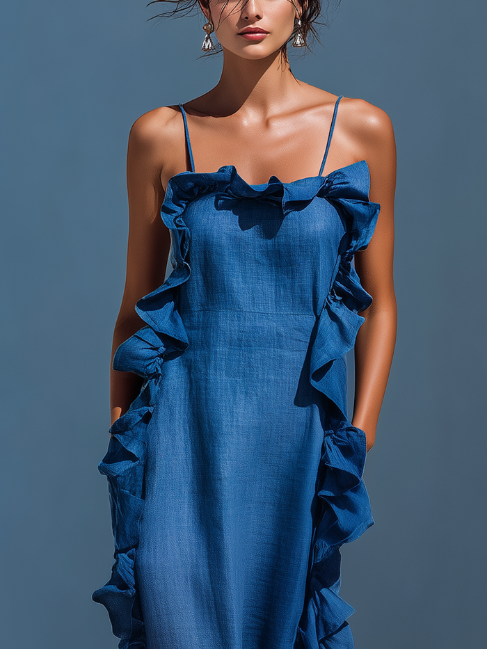 Women’s Blue Linen-Blend Spaghetti Strap Ruffle Trim Maxi Dress With Slit MDZ2407D1T