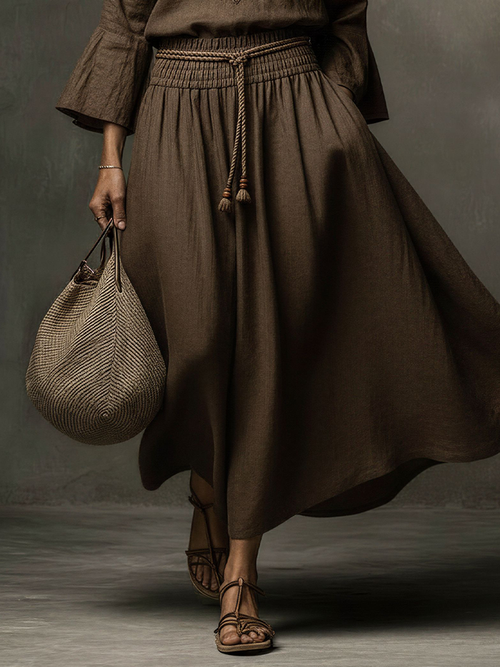 Women's Bohemian Dark Brown Linen-Cotton Embroidered Flare-Sleeve Waisted Maxi Dress MDZ2417D8GMJ