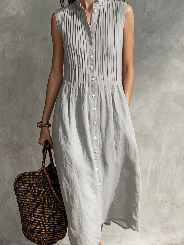 Women's Casual Grey Cotton-Linen Sleeveless Midi Dress With Round Neck MDZ2549D5LXY