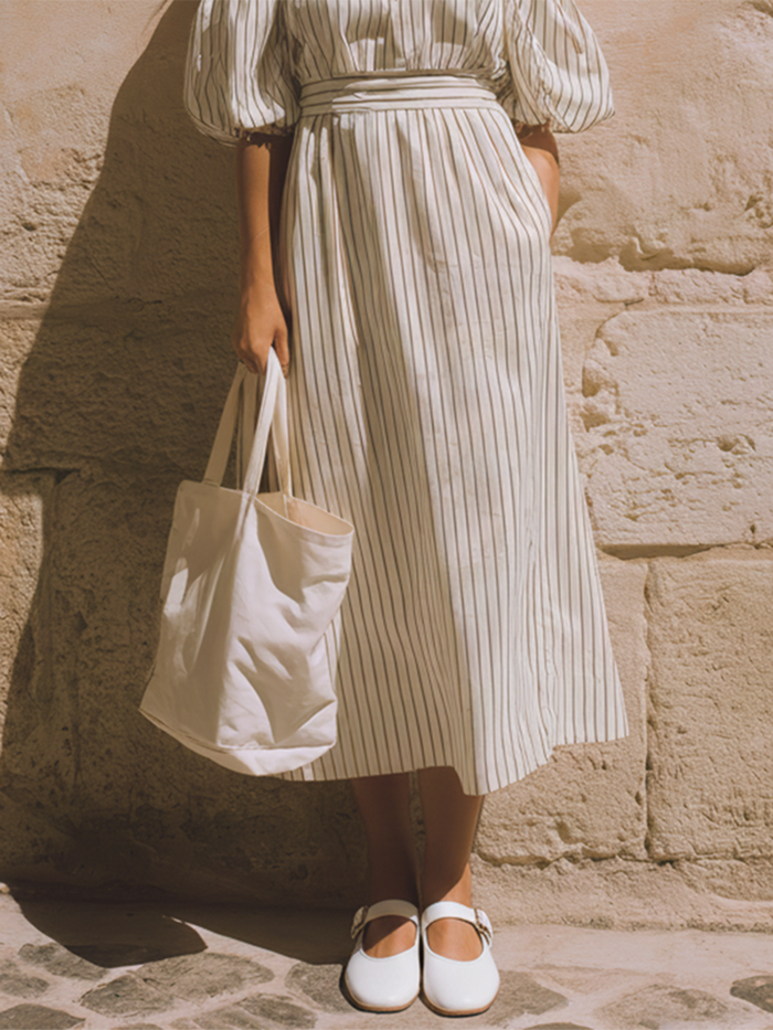 Women's Casual Retro-Elegant Striped Off-Shoulder Short-Sleeve Midi Dress MDZ2522D6ZJW