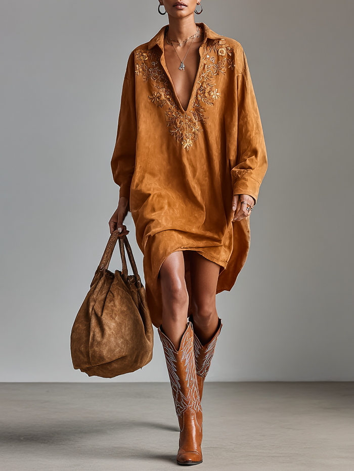 Women's Suede Loose Lapel V-neck Embroidered Long-sleeved Midi Dress MDA1489H9Y