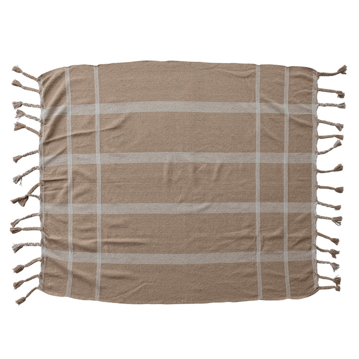 Woven Recycled Cotton Blend Striped Throw with Braided Fringe, Beige & Natural
