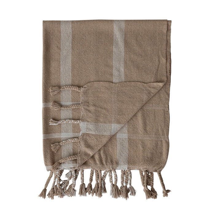 Woven Recycled Cotton Blend Striped Throw with Braided Fringe, Beige & Natural