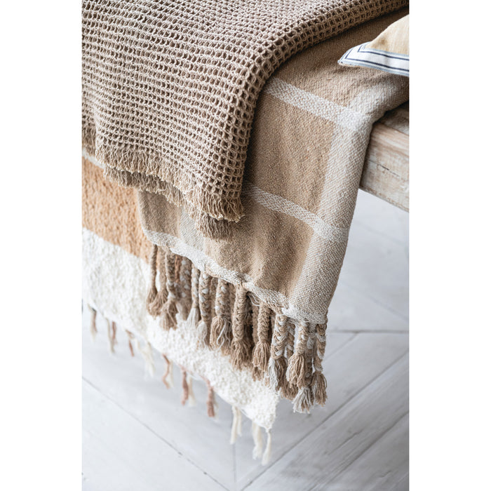Woven Recycled Cotton Blend Striped Throw with Braided Fringe, Beige & Natural