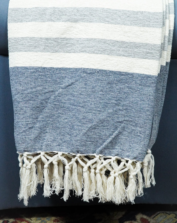 Woven White and Blue Cotton Throw Blanket | THW001 - The Rug Decor