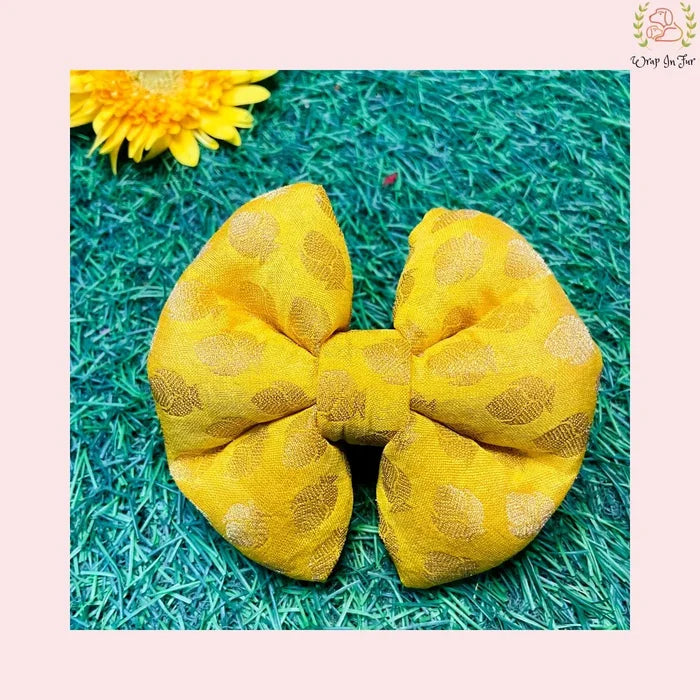Yellow Golden Festive Bow - Luxury Brocade Dog Hair Bow Accessory