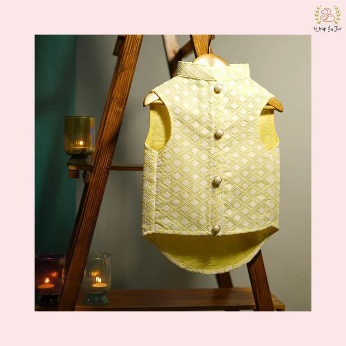 Yellow Nawab Dog Kurta Vest - Premium Embroidered Indian Dog Ethnic Wear